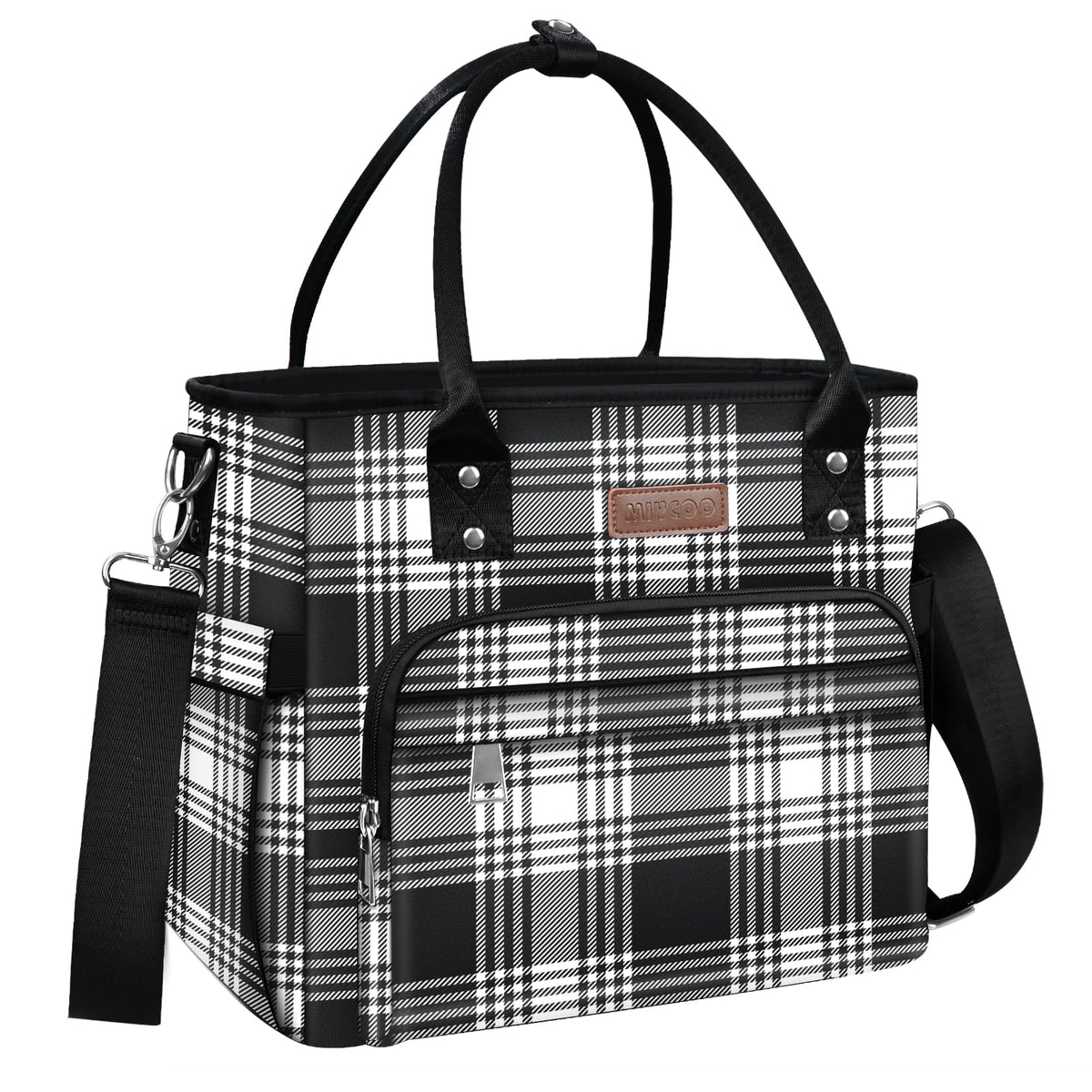 MIYCOO lunch bag front view with checkered black and white pattern and spacious capacity