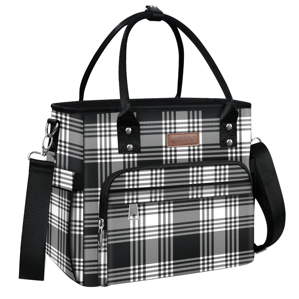 MIYCOO lunch bag front view with checkered black and white pattern and spacious capacity