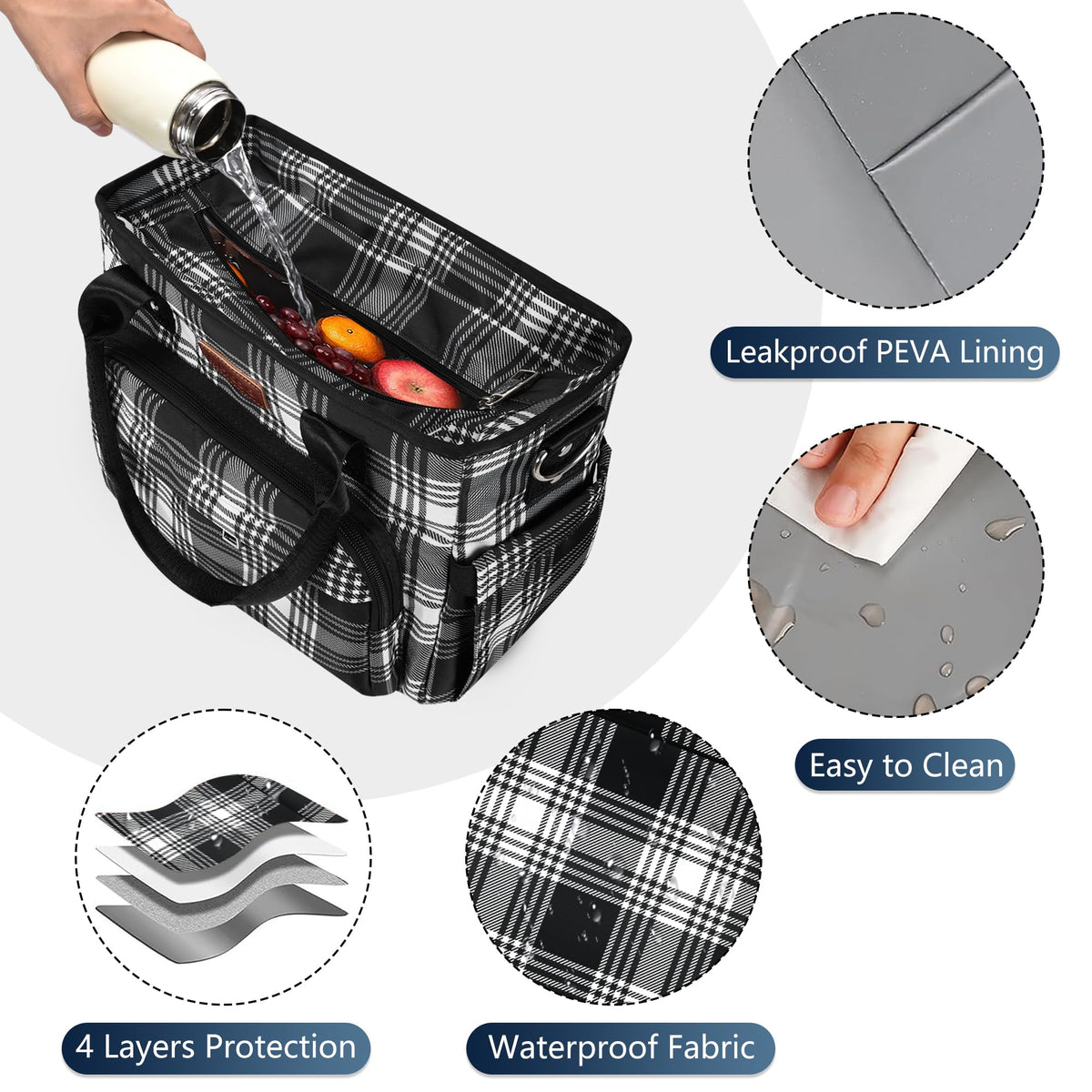 MIYCOO lunch bag interior close-up showing multiple compartments for organization