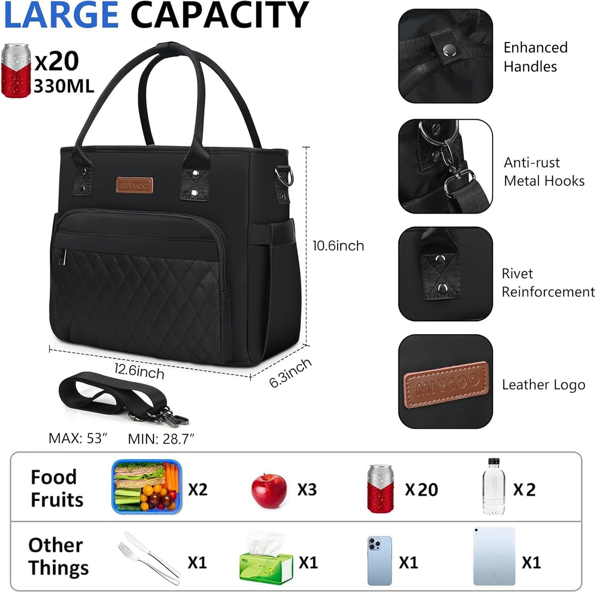 MIYCOO lunch bag back pocket fits utensils for meals on the go.
