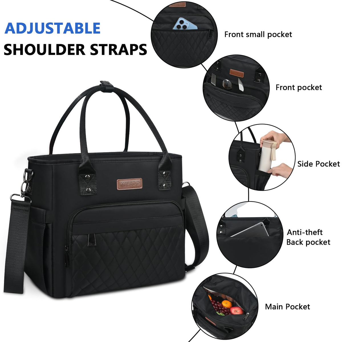MIYCOO lunch bag side pocket keeps a water bottle handy.