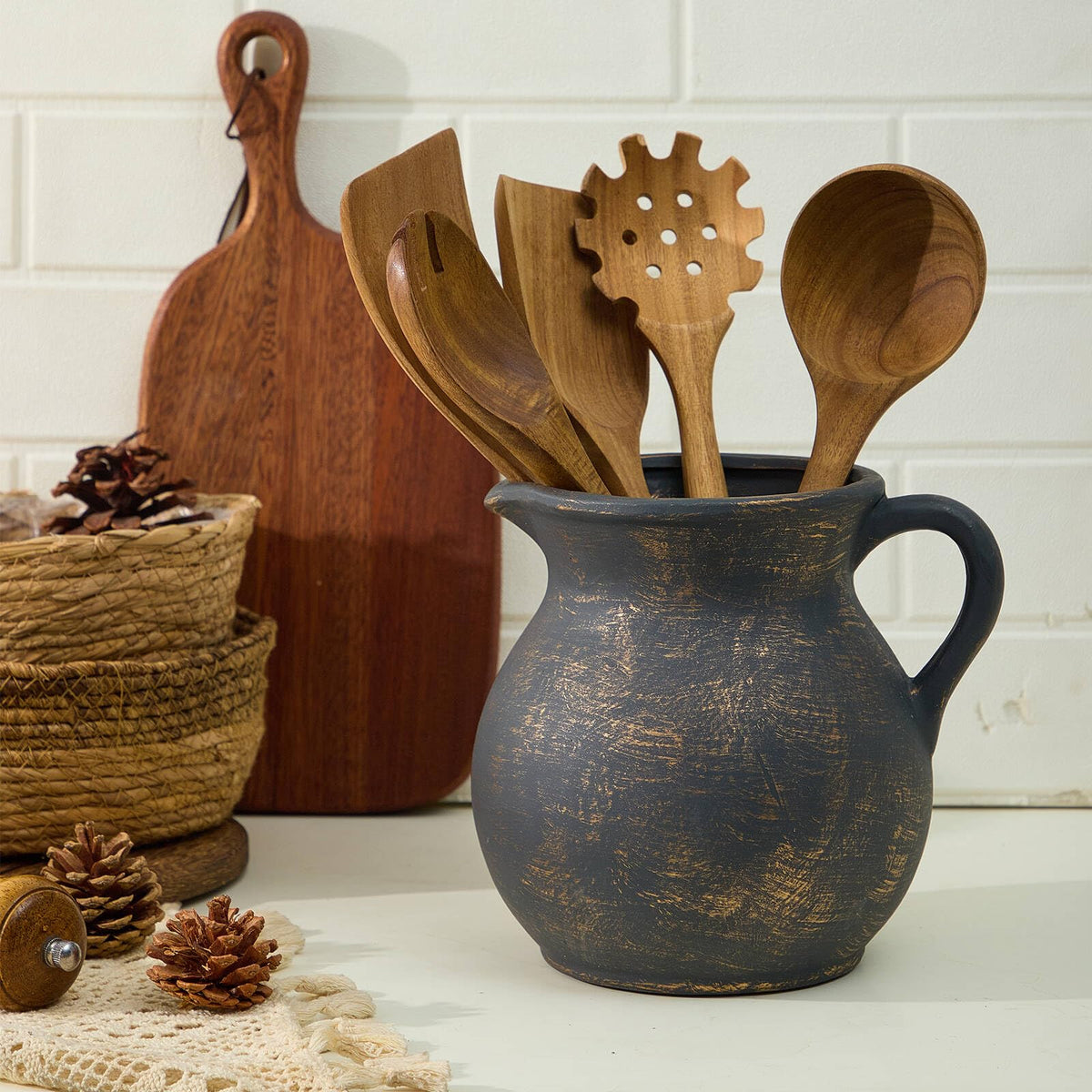 MIYUKI ceramic utensil crock enhances vintage decor while organizing spoons and spatulas