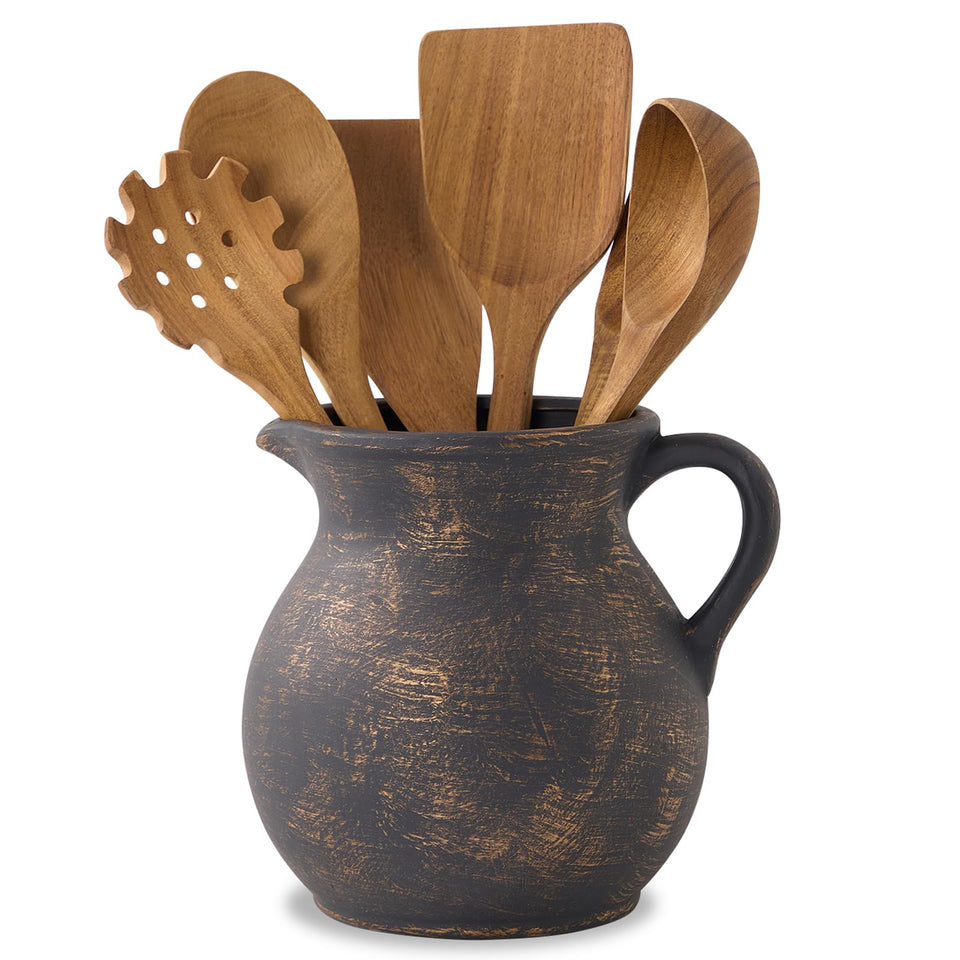 MIYUKI rustic utensil holder in pitcher shape for easy access to tools