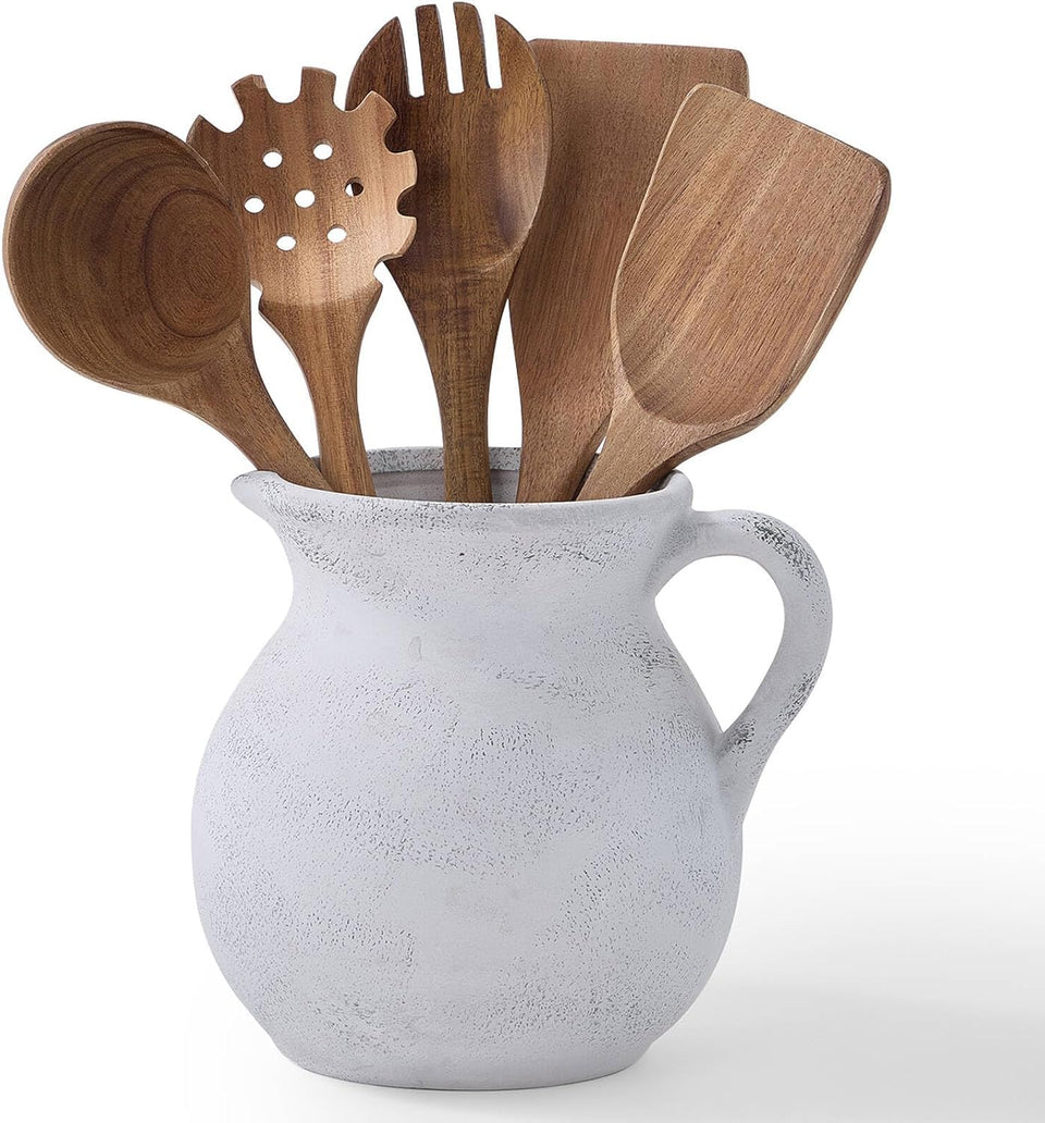 MIYUKI rustic ceramic utensil crock on countertop keeps tools organized and accessible.