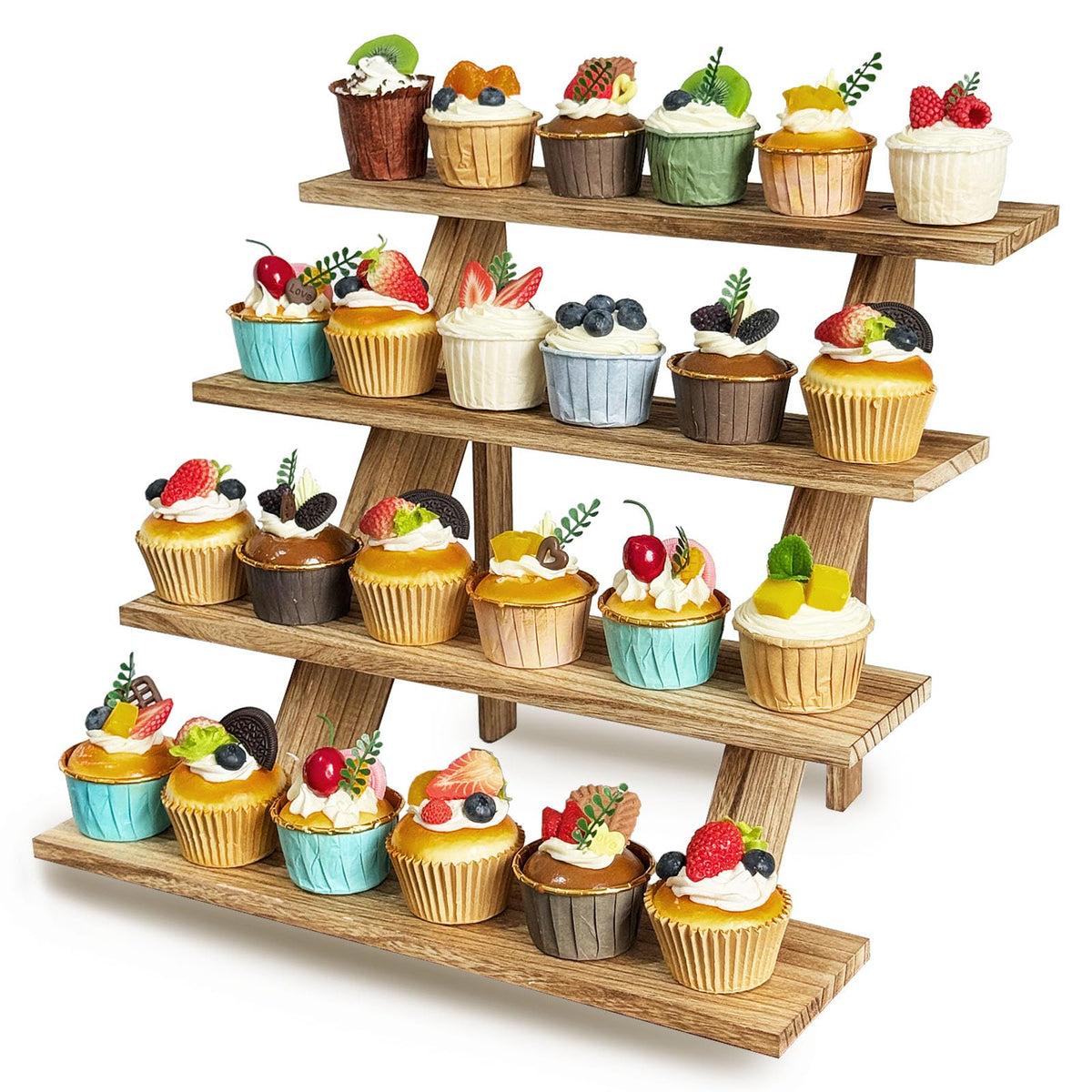 MJFAJAZF wooden 4-tier cupcake stand on a dessert table for elegant celebrations.