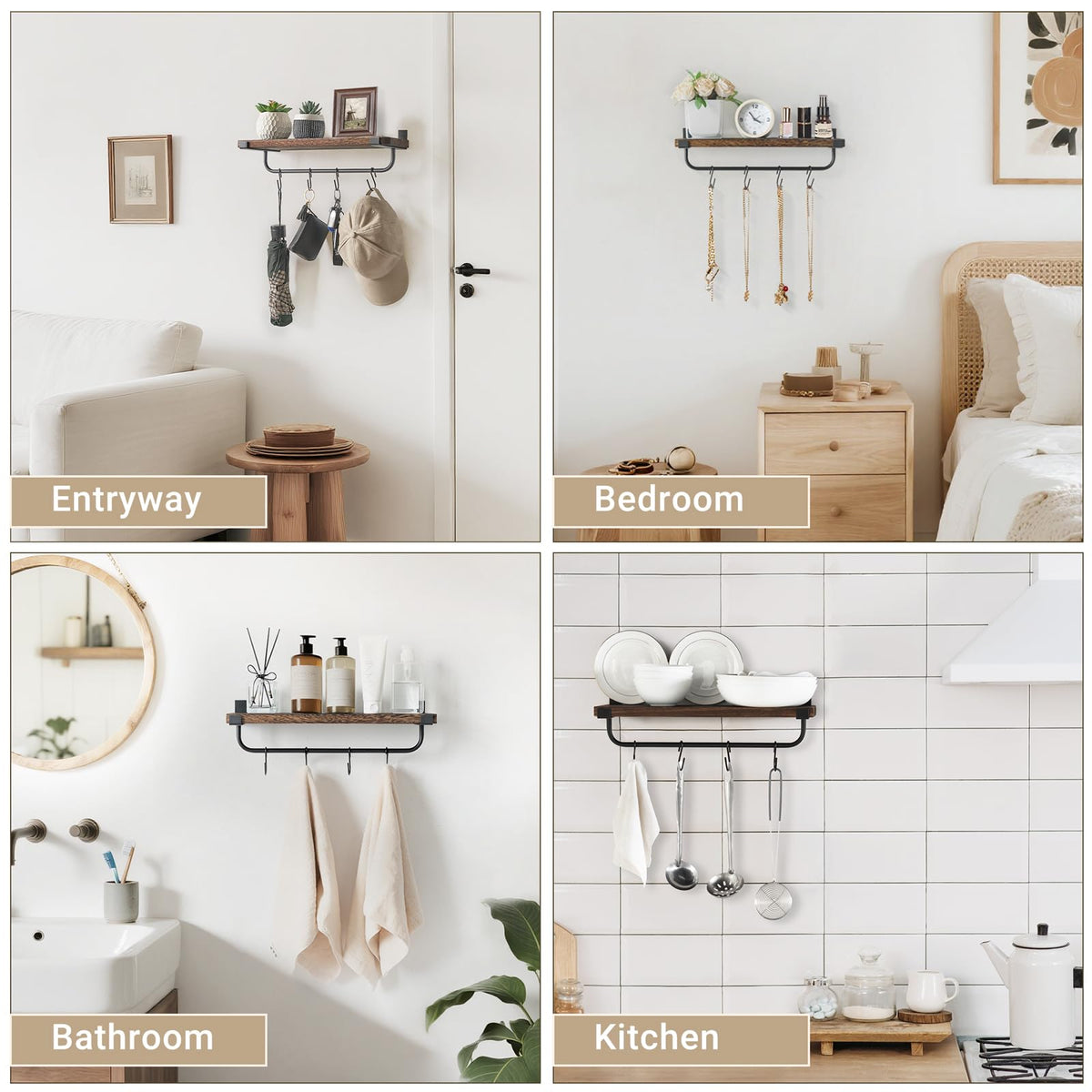 Mkono bathroom shelf with towel rack organizes vanity items and towels.