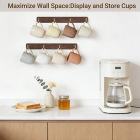 Mkono wall rack with four metal hooks for mug storage
