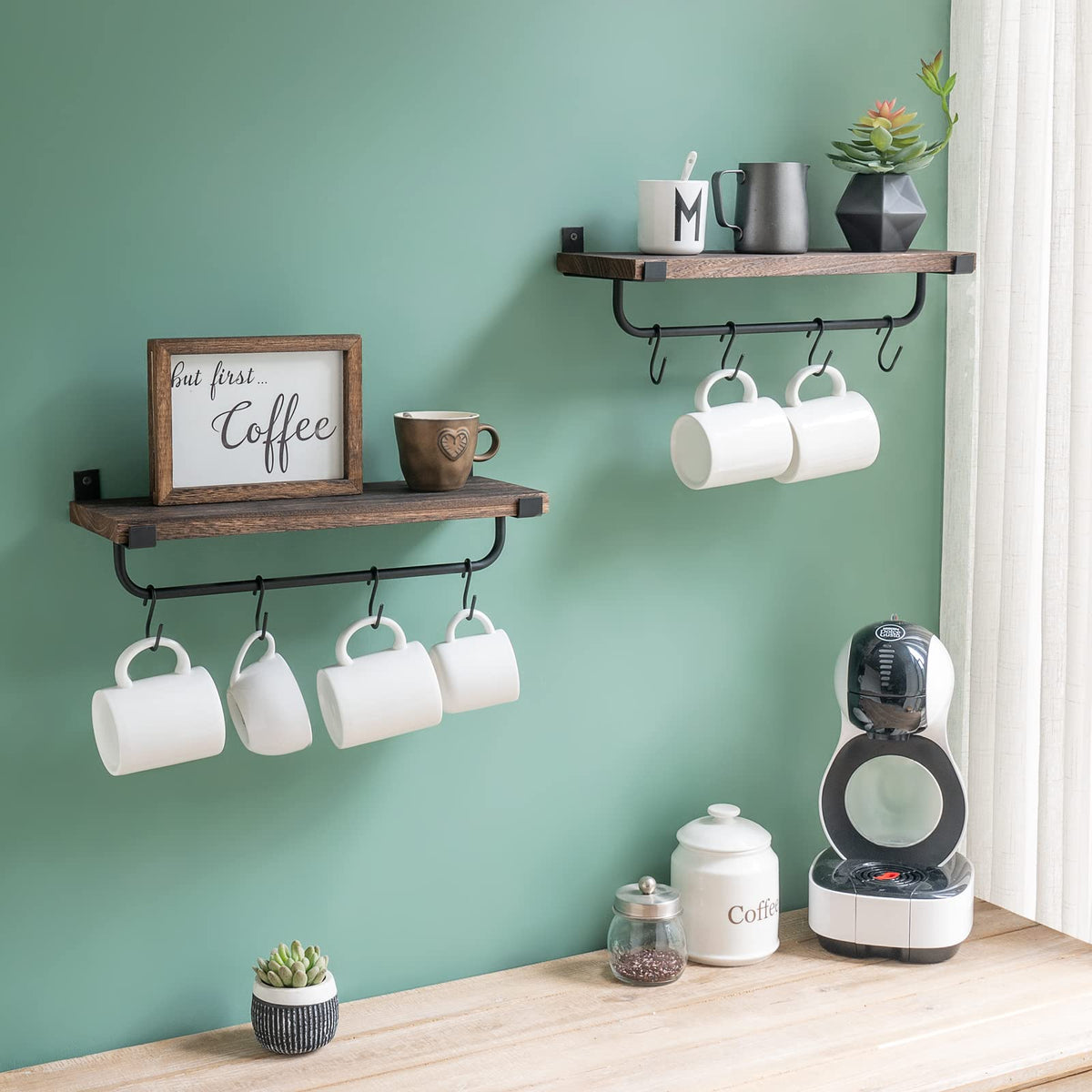Mkono rustic floating shelf with paulownia wood enhances mug display and decor.