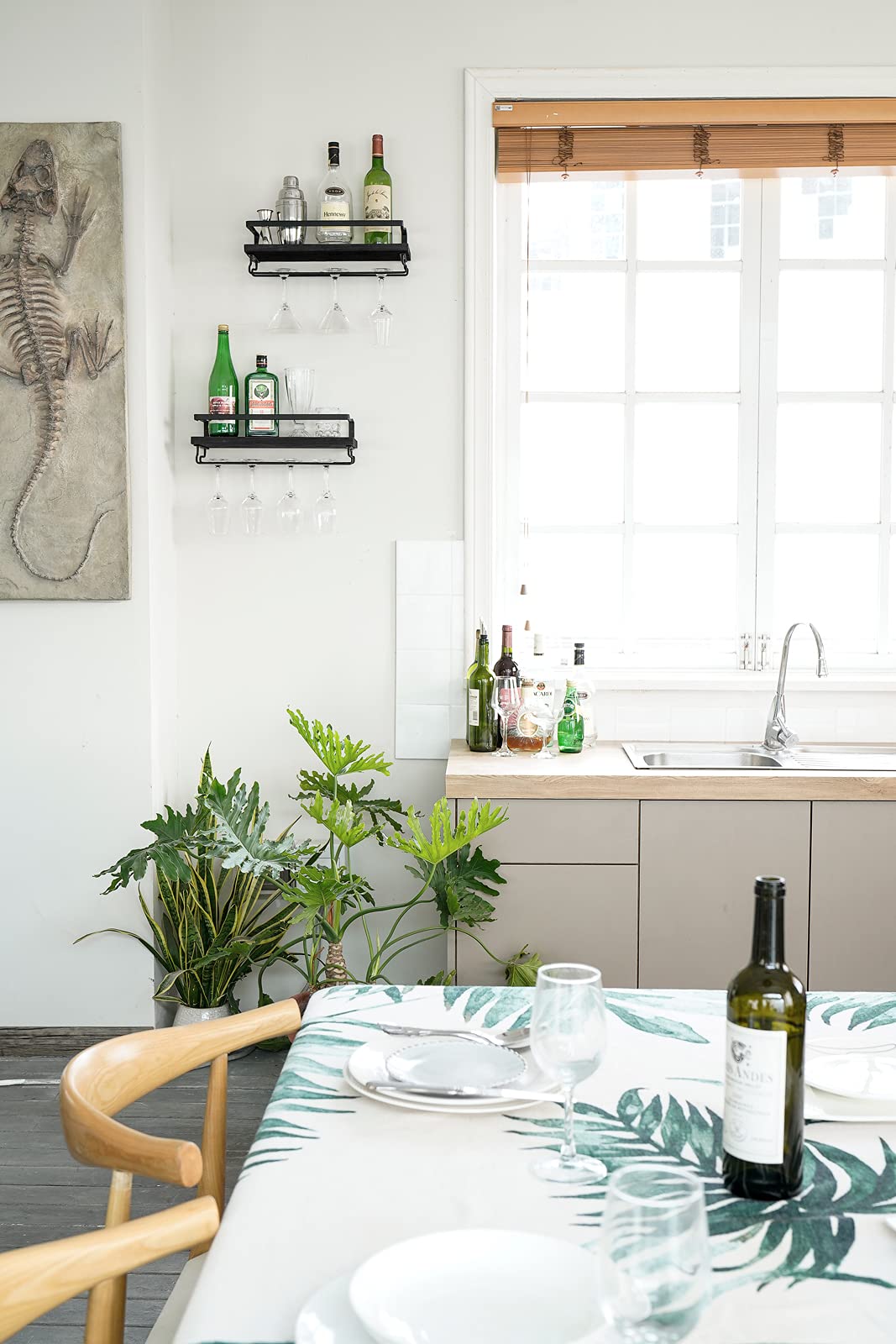Mkono rustic wine shelf with stemware hanger ideal for organized glassware.