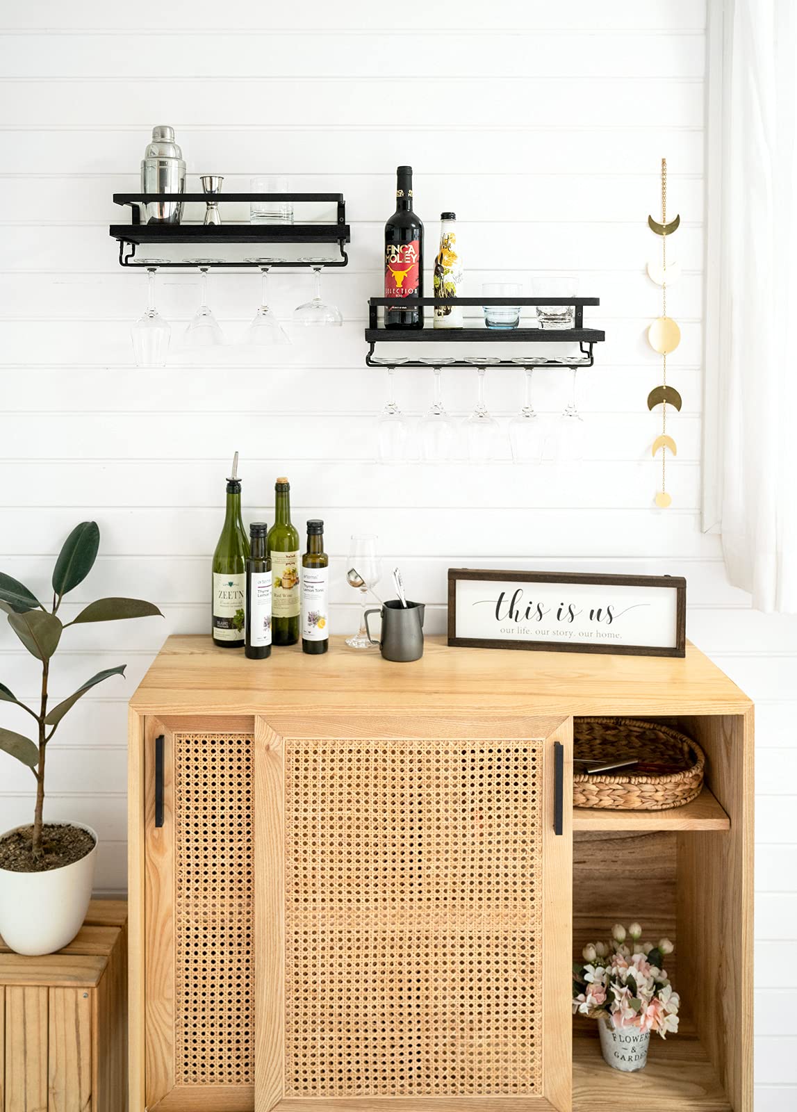 Mkono vintage-style wine display enhances bar or dining room ambiance.
