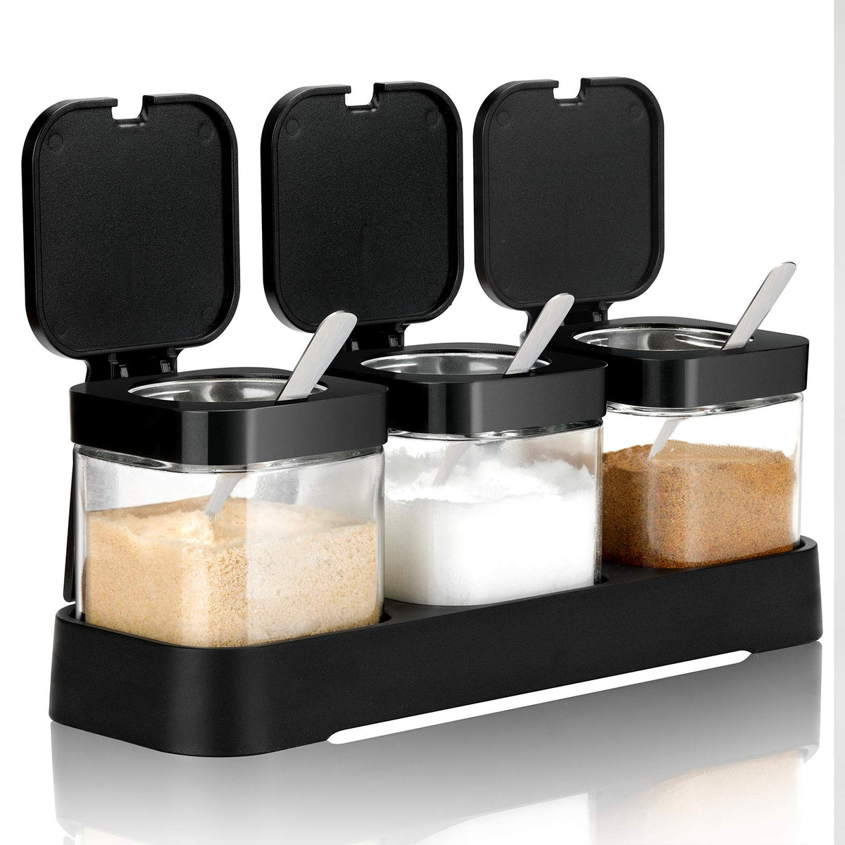 Mlici condiment jar set on kitchen counter with clear glass for quick ingredient checks.