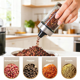 Countertop spice rack keeps bottles organized and within reach.