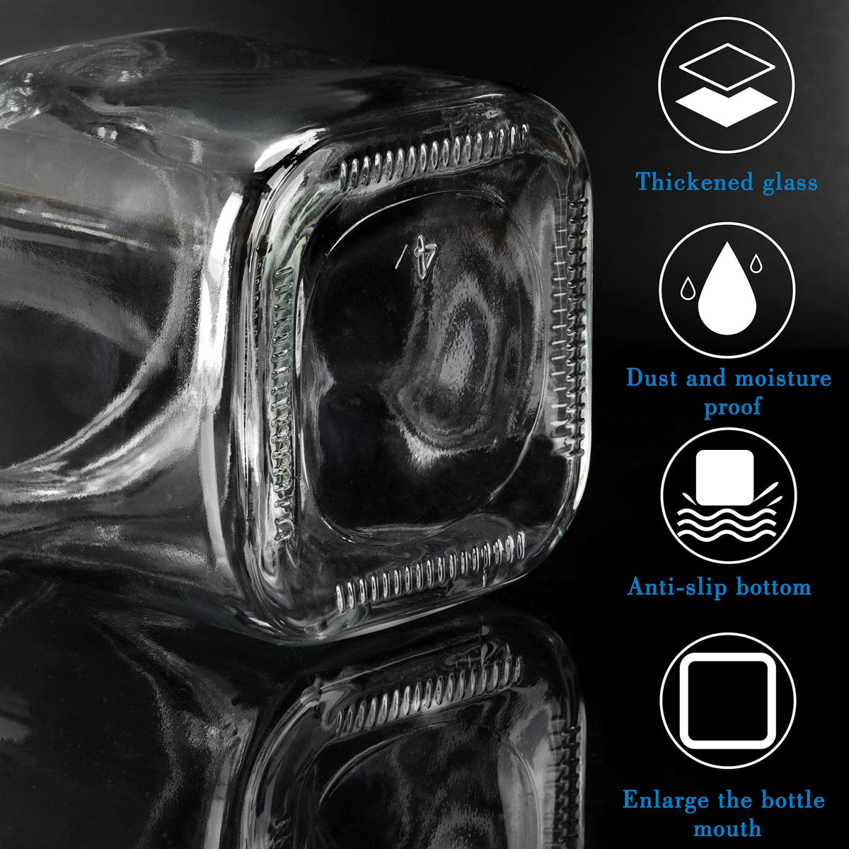 Clear glass spice containers reveal contents at a glance for organized storage.