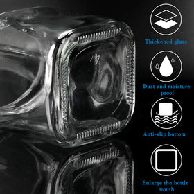Clear glass spice containers reveal contents at a glance for organized storage.
