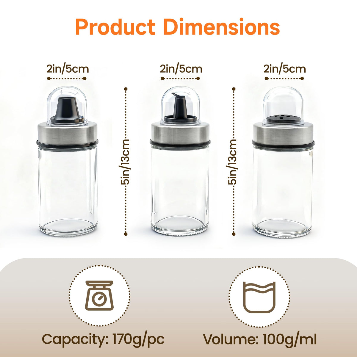 Premium glass condiment jars with clear visibility for flavor identification.