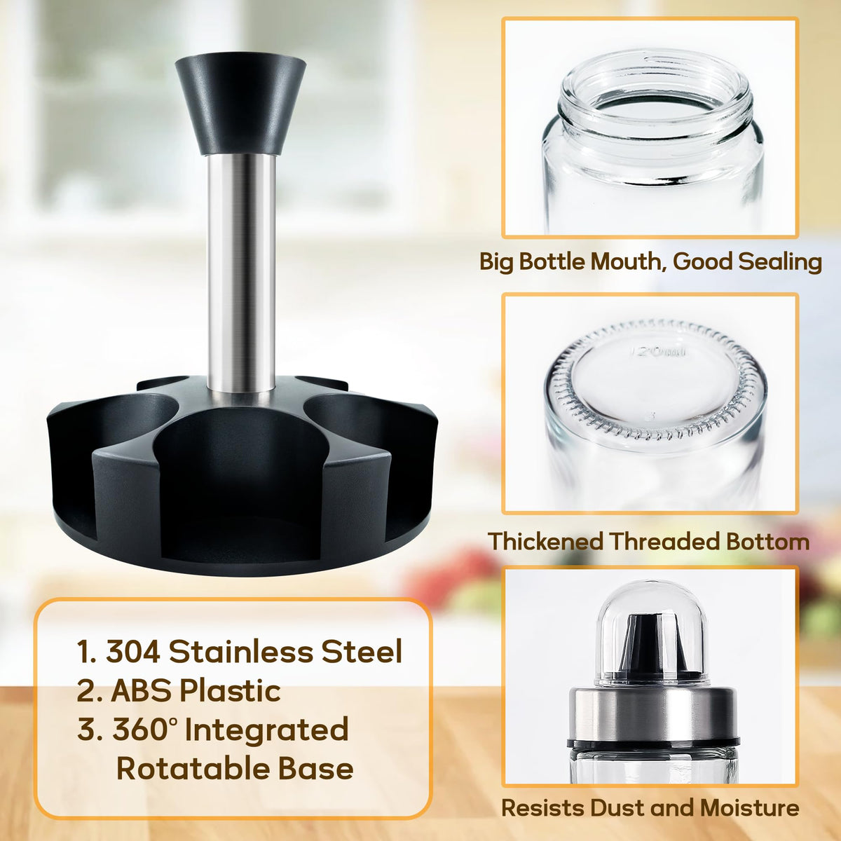 Stainless steel salt and pepper holder complements modern kitchen decor.