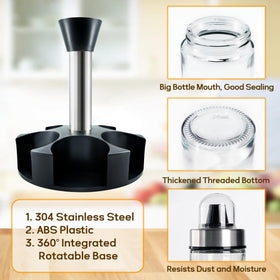 Stainless steel salt and pepper holder complements modern kitchen decor.