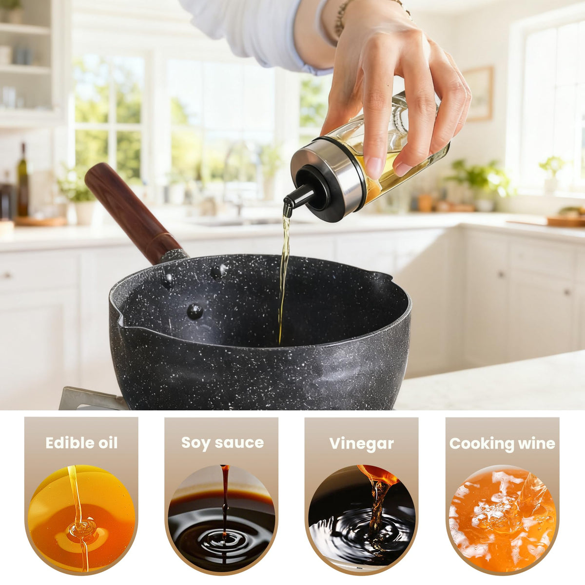 Three-port caps with an inner sifter enable controlled pouring and shaking.
