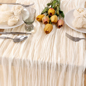 MLMC ivory cheesecloth table runner on bridal shower table for warm ambience