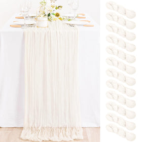 MLMC ivory cheesecloth table runner draped on a table for rustic wedding decor