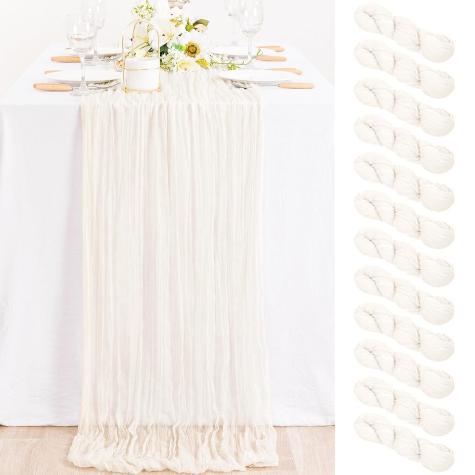 MLMC ivory cheesecloth table runner draped on a table for rustic wedding decor