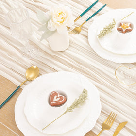 MLMC ivory cheesecloth table runner on a reception table with natural look