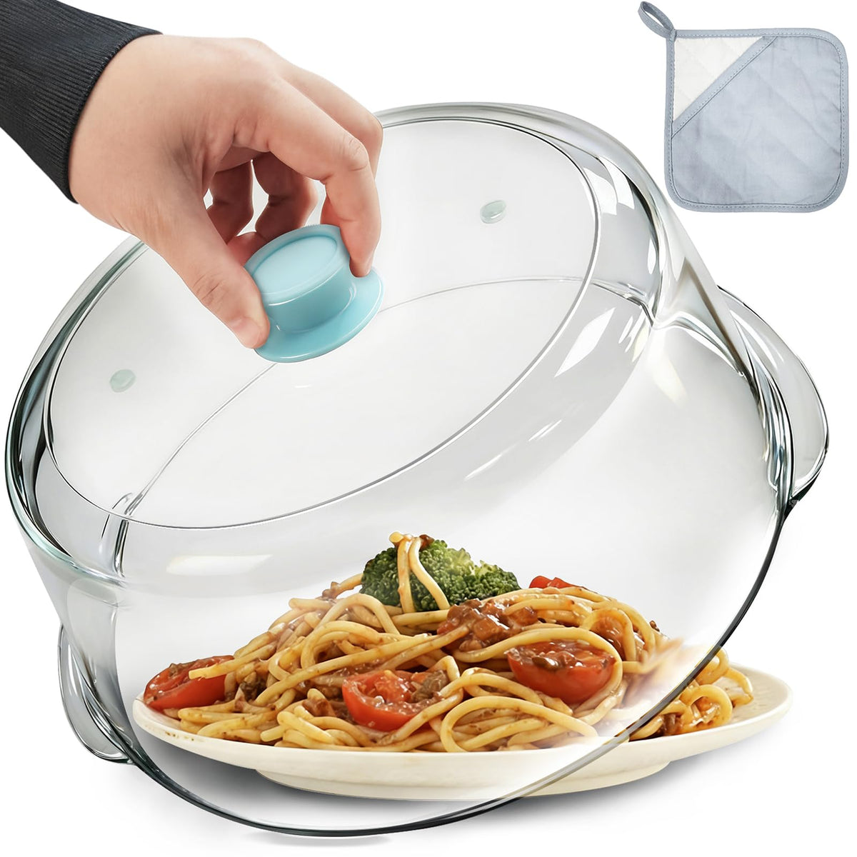 MMNSZRYBO 8 tall glass microwave splatter cover on a plate keeps food clean during heating.