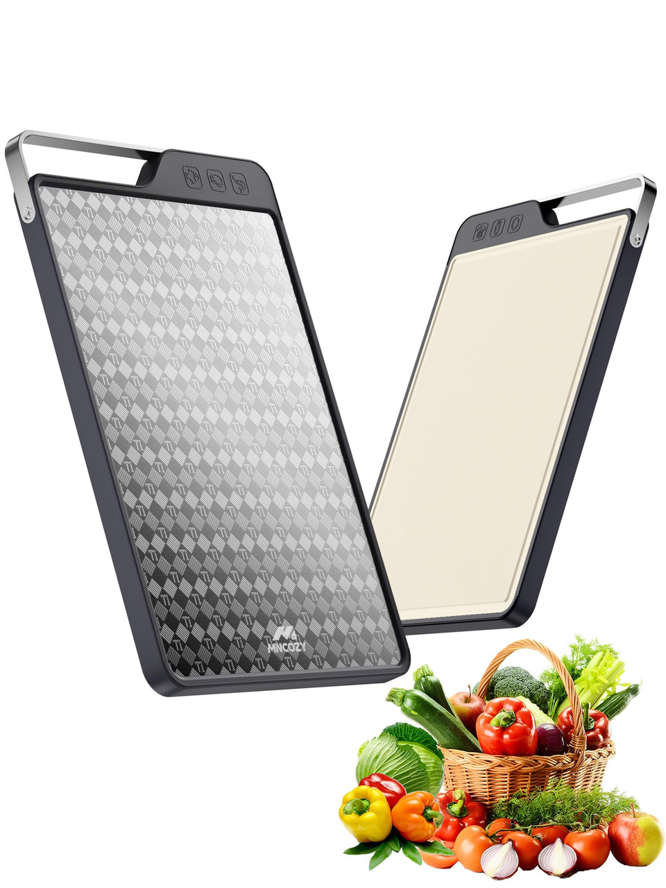 MNCOZY titanium cutting board with checkered design provides a stable, slip-resistant surface.