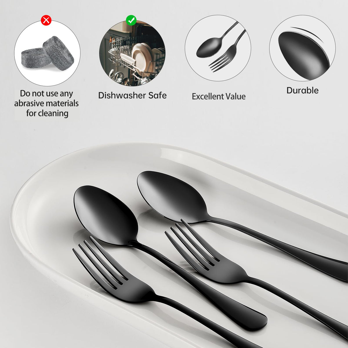MNLWSP black flatware spoons designed for comfortable dining and easy stacking.