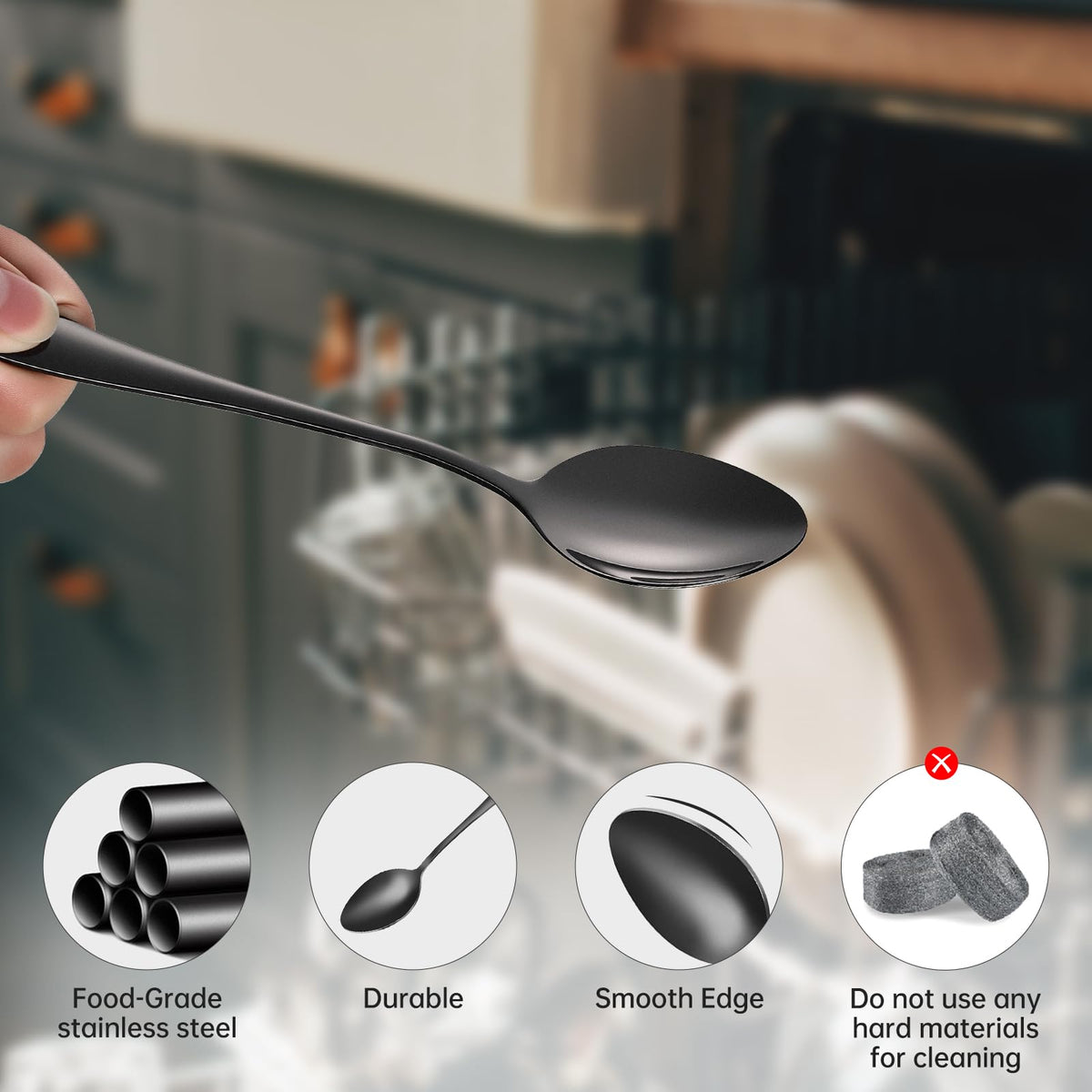 MNLWSP black spoons closeup shows polished finish for refined table settings.