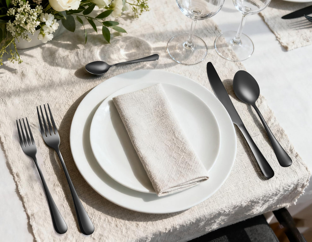 MNLWSP black spoons on a modern dining table arrangement.