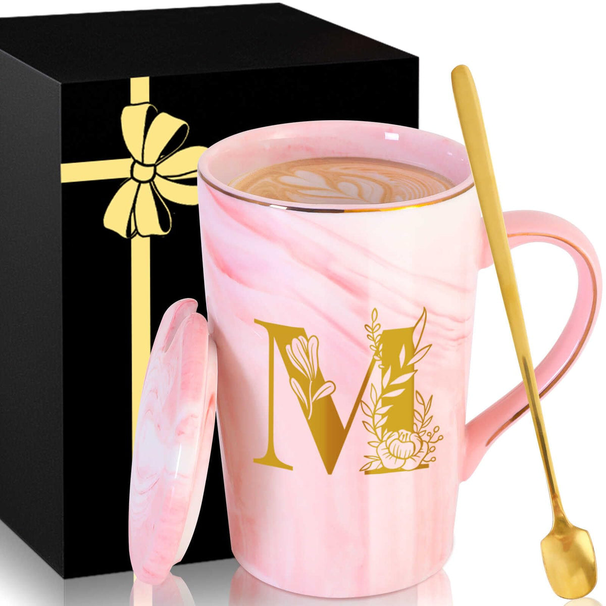 MNZZ personalized mug front view with pink marble finish and personalization