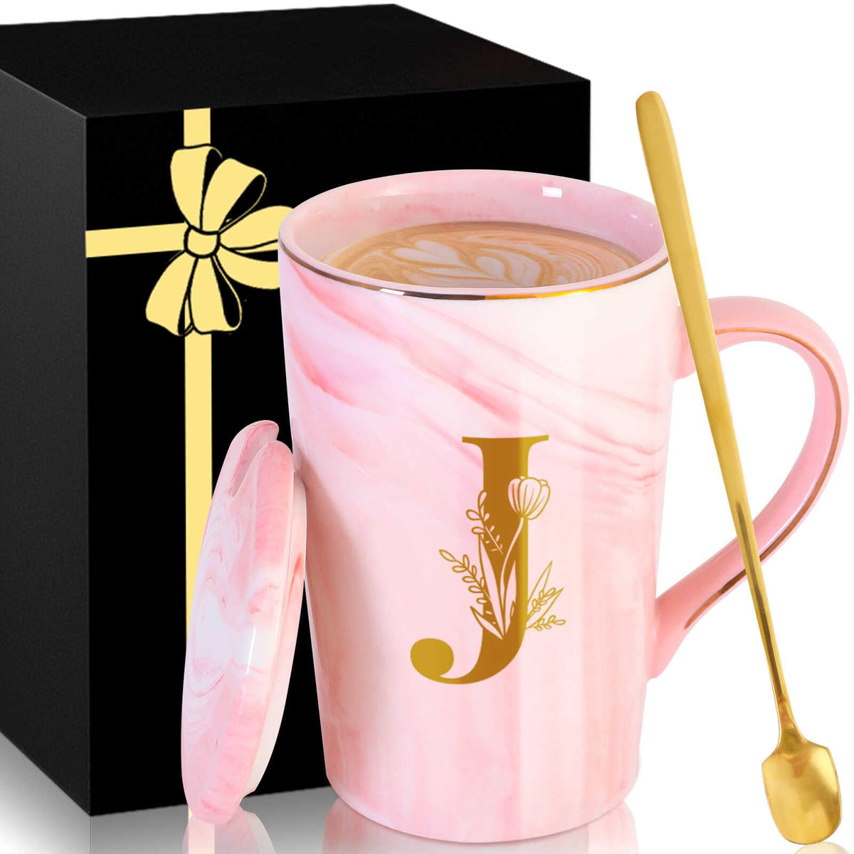 MNZZ personalized mug with lid in pink marble, stylish everyday tea or coffee.