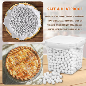 MOBYKE reusable ceramic weights help create a level crust during baking.