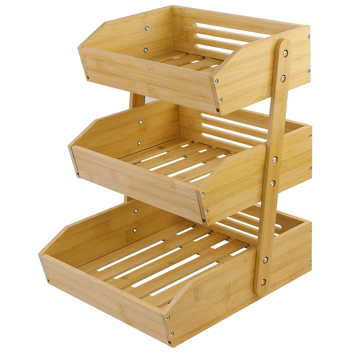 mobzio 3-tier bamboo fruit basket assembly on countertop for easy setup