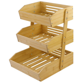 mobzio 3-tier bamboo fruit basket assembly on countertop for easy setup