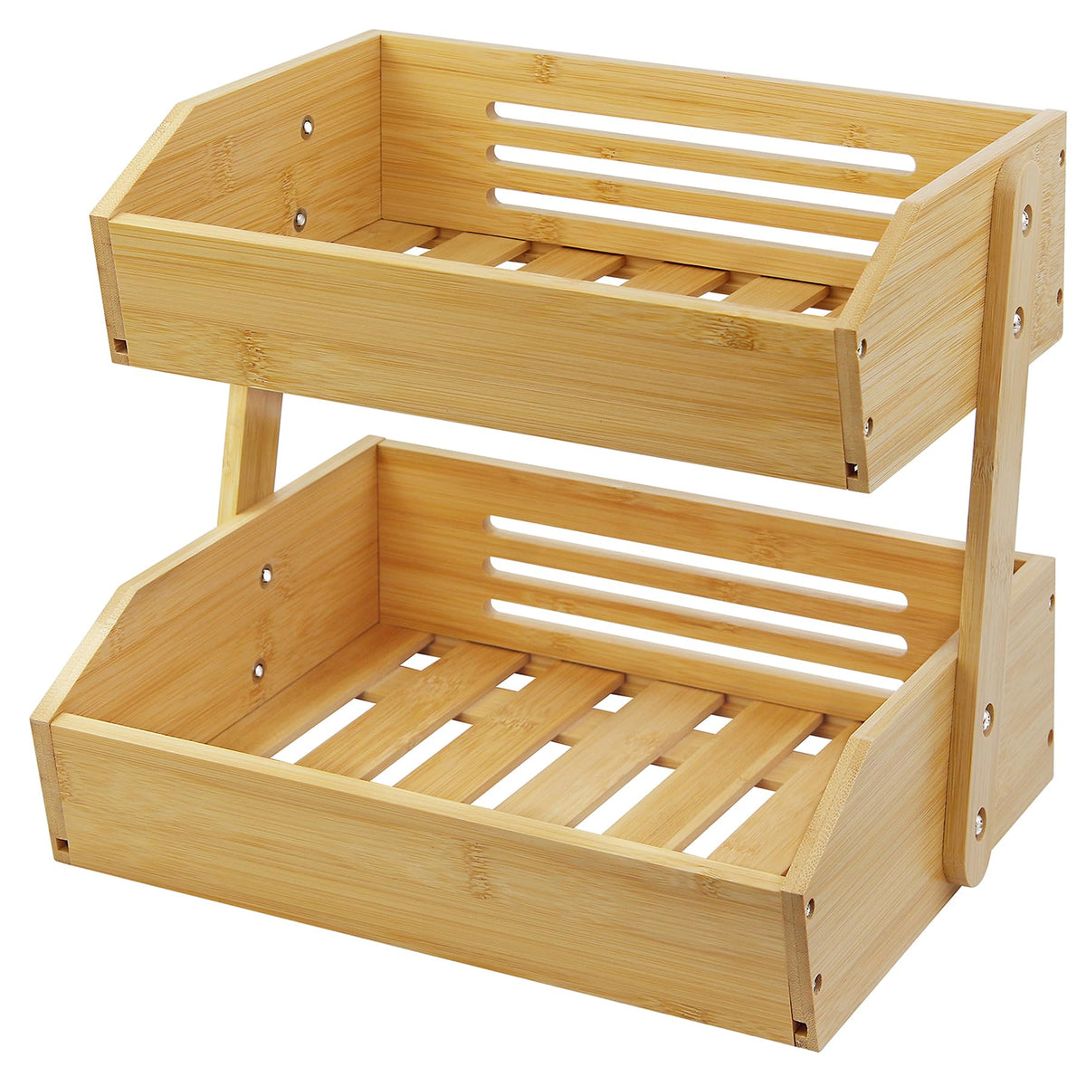 Mobzio fruit basket stand front view with two-tier bamboo storage for freshness.