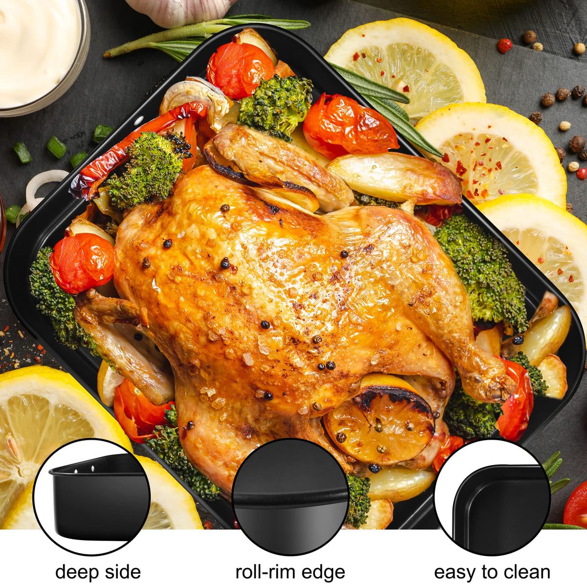 Mobzio Lasagna Pan Deep carbon steel body with extra-thick construction.