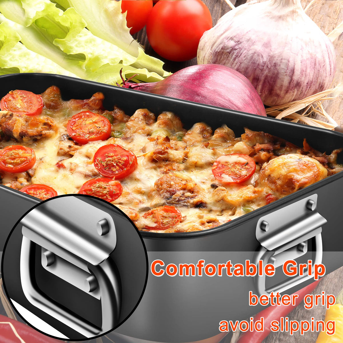 Mobzio Lasagna Pan Deep shows ergonomic stainless handles for a secure grip.