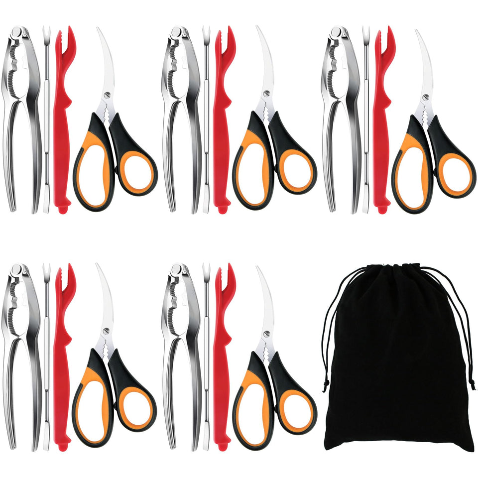 Mobzio 21-piece seafood tools set laid out for easy seafood prep.