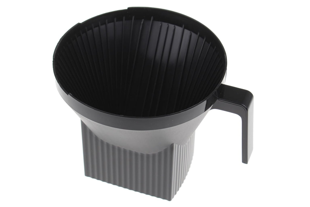 Moccamaster 13253 auto brew basket in black, front view showing drip-stop compatibility.
