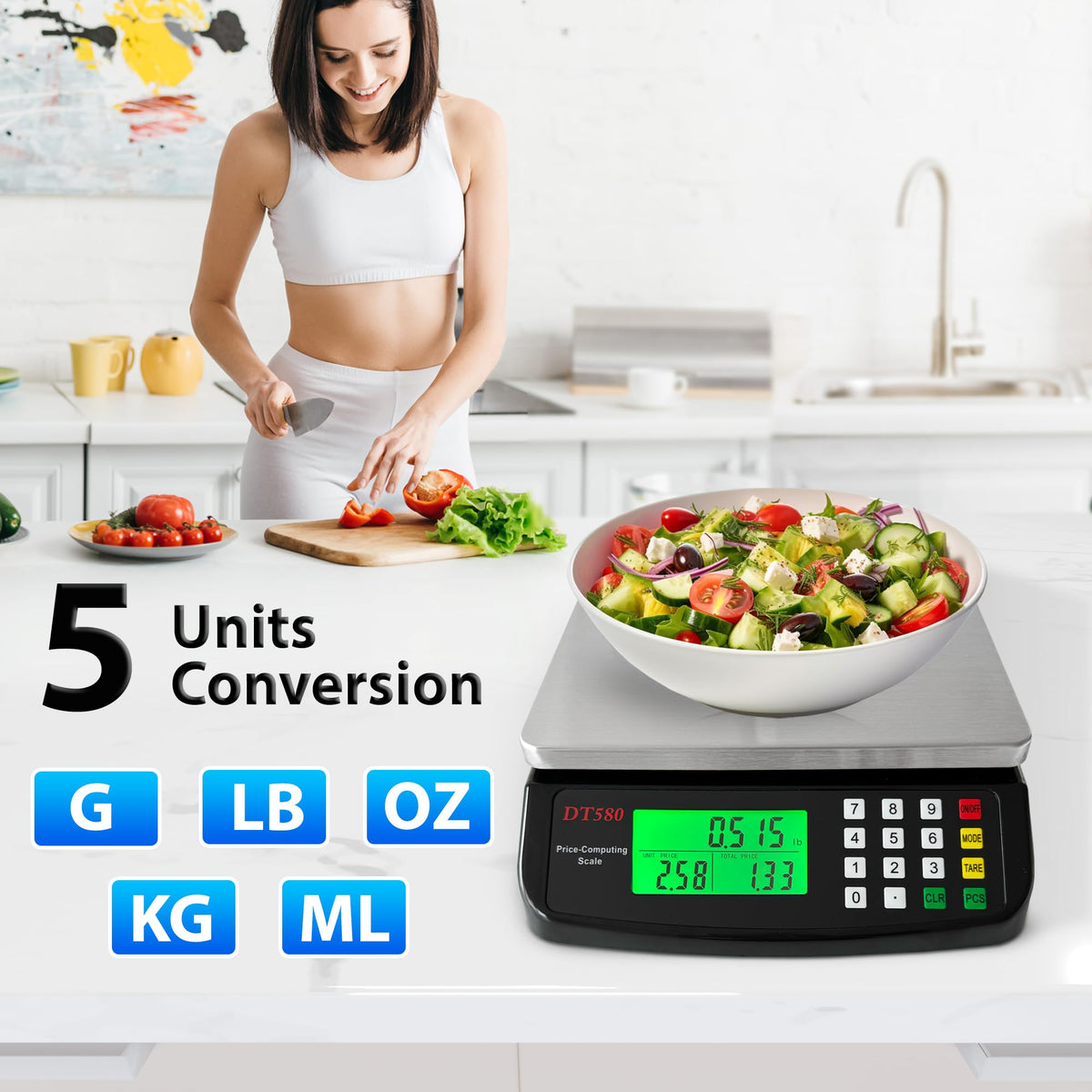 MOCCO scale with green LCD display for easy reading during baking and portioning