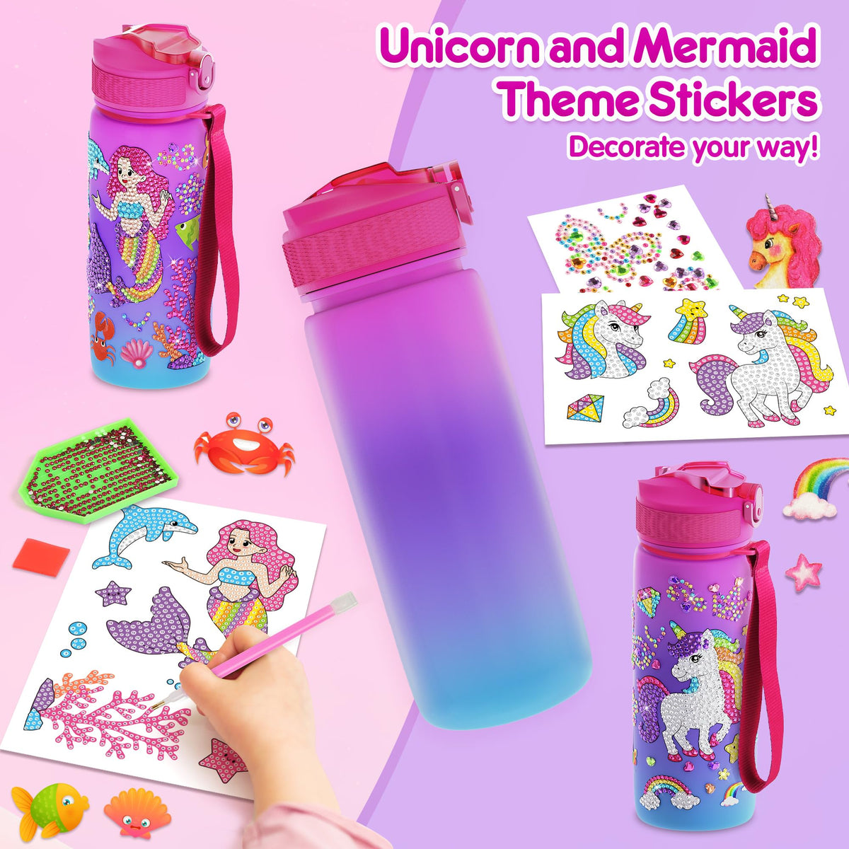 Mocoosy decorating kit includes unicorn and mermaid stickers for personalized bottle art.