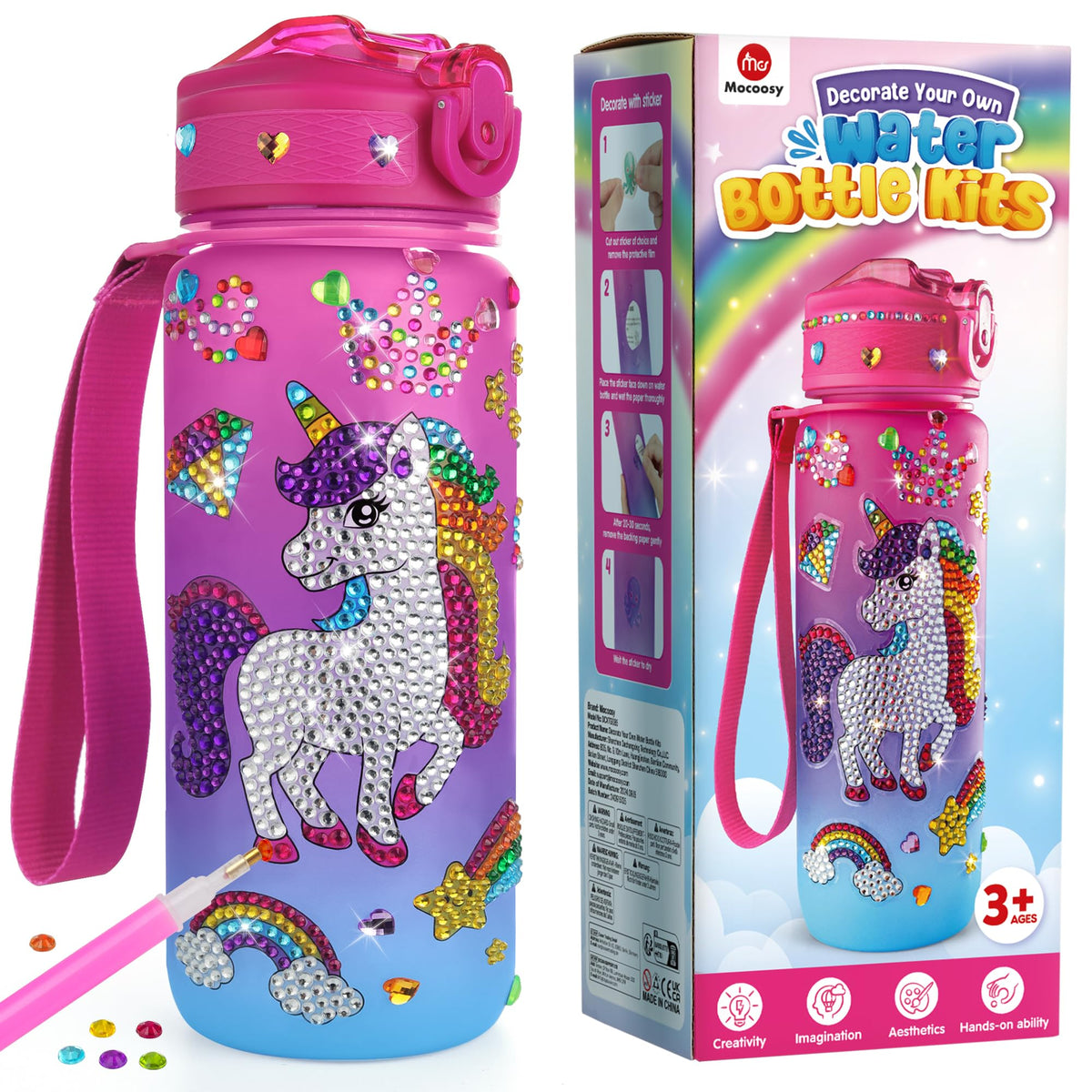 Mocoosy Unicorn & Mermaid 27oz bottle with stickers for creative play and hydration.
