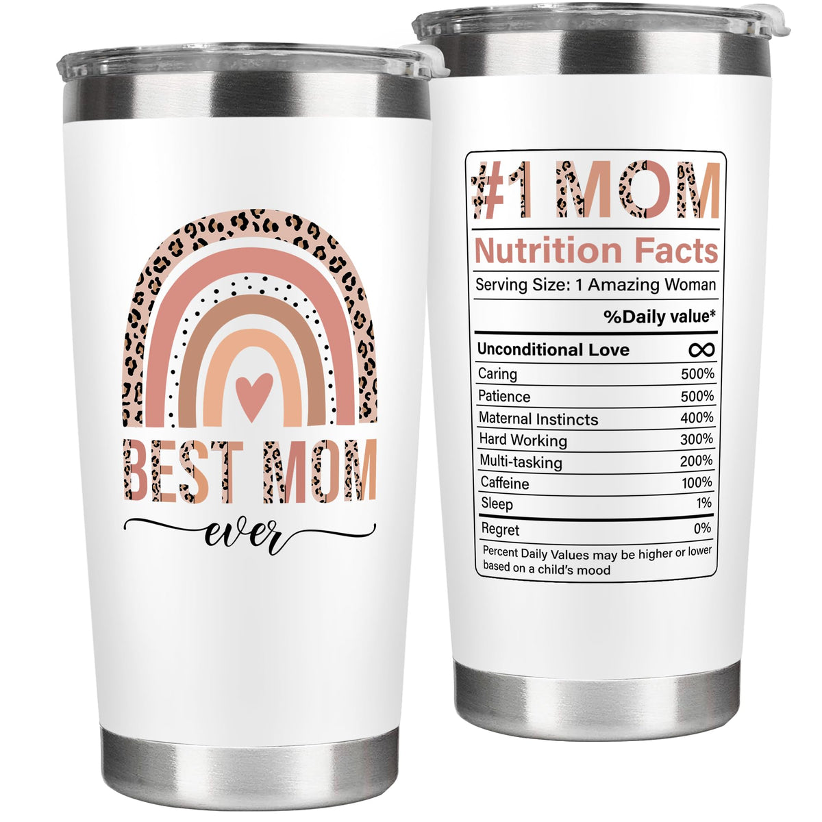 Mocosweeties 20oz mom tumbler front view with gift-ready presentation