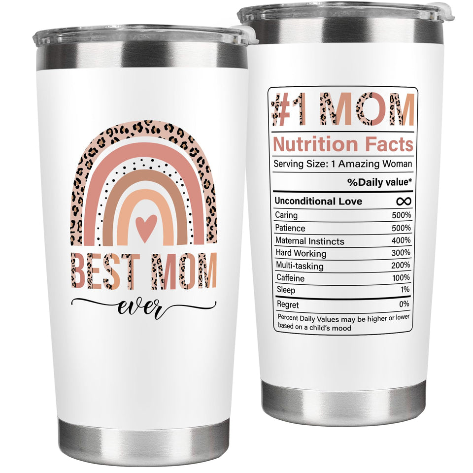 Mocosweeties 20oz mom tumbler front view with gift-ready presentation