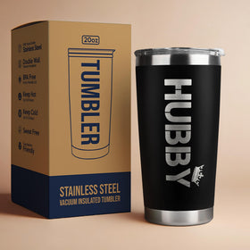 Mocosweeties husband tumbler in black stainless steel, durable gift idea.