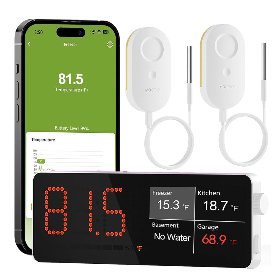 MOCREO hub digital monitor shows temps and charts for quick fridge checks.