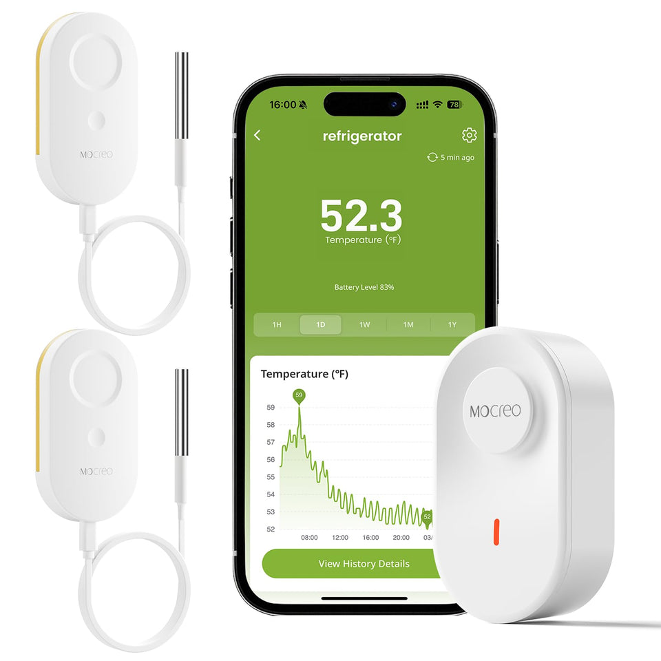 MOCREO WiFi thermometer hub front view for quick temperature checks