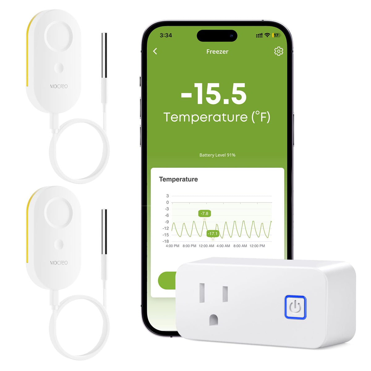 MOCREO wifi refrigerator thermometer hub shows live fridge temperatures for peace of mind